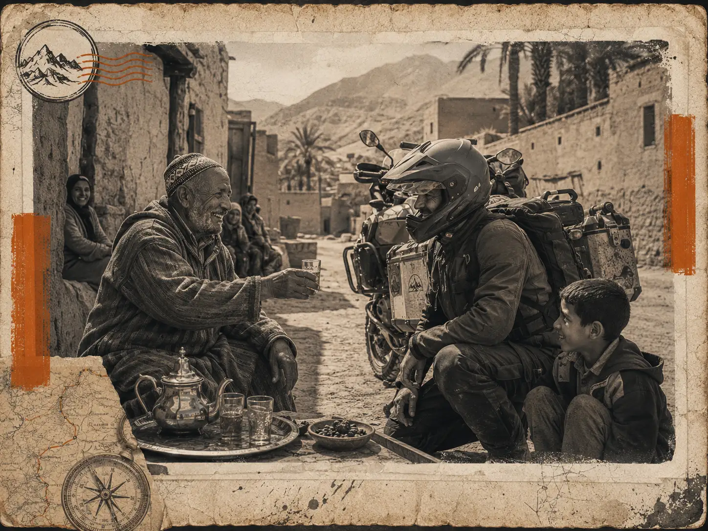 Motard partageant un thé avec un habitant dans un village de l’Atlas, illustrant l’hospitalité marocaine pendant un road trip moto au Maroc.