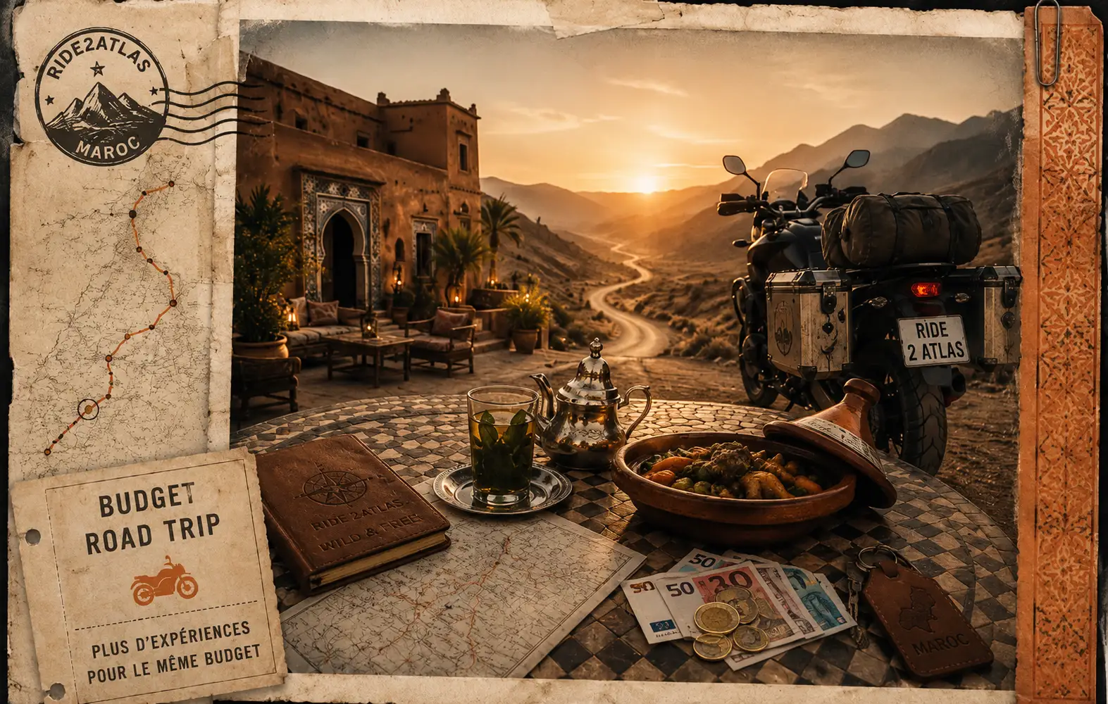 Table de voyage avec carte, thé marocain, tajine, argent et moto adventure, représentant le budget avantageux d’un road trip moto au Maroc.