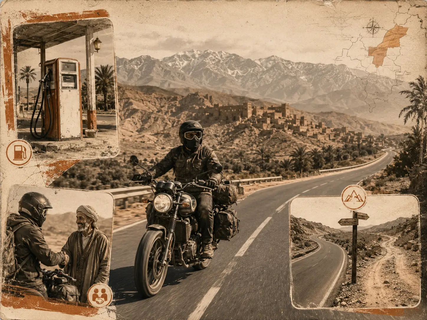 Motard sur une route marocaine avec station-service, panneau de montagne et rencontre locale, illustrant les conseils pratiques pour un road trip moto au Maroc.