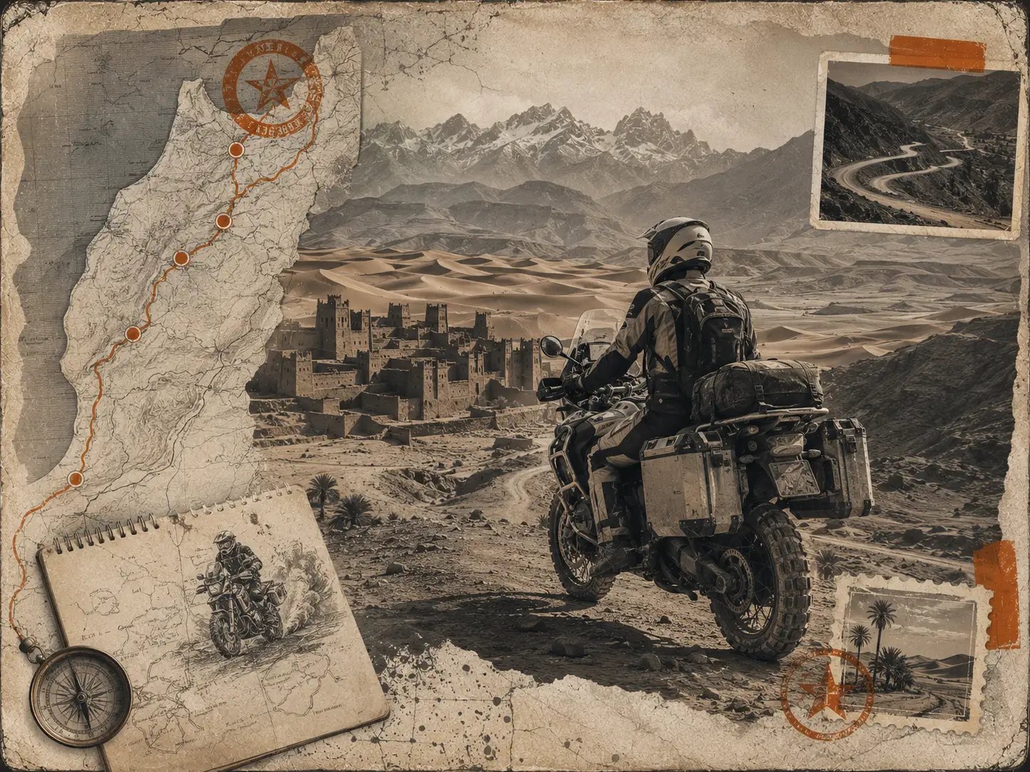 Motard adventure face aux dunes, kasbahs et montagnes de l’Atlas, représentant le Maroc comme destination mythique de la culture moto mondiale.