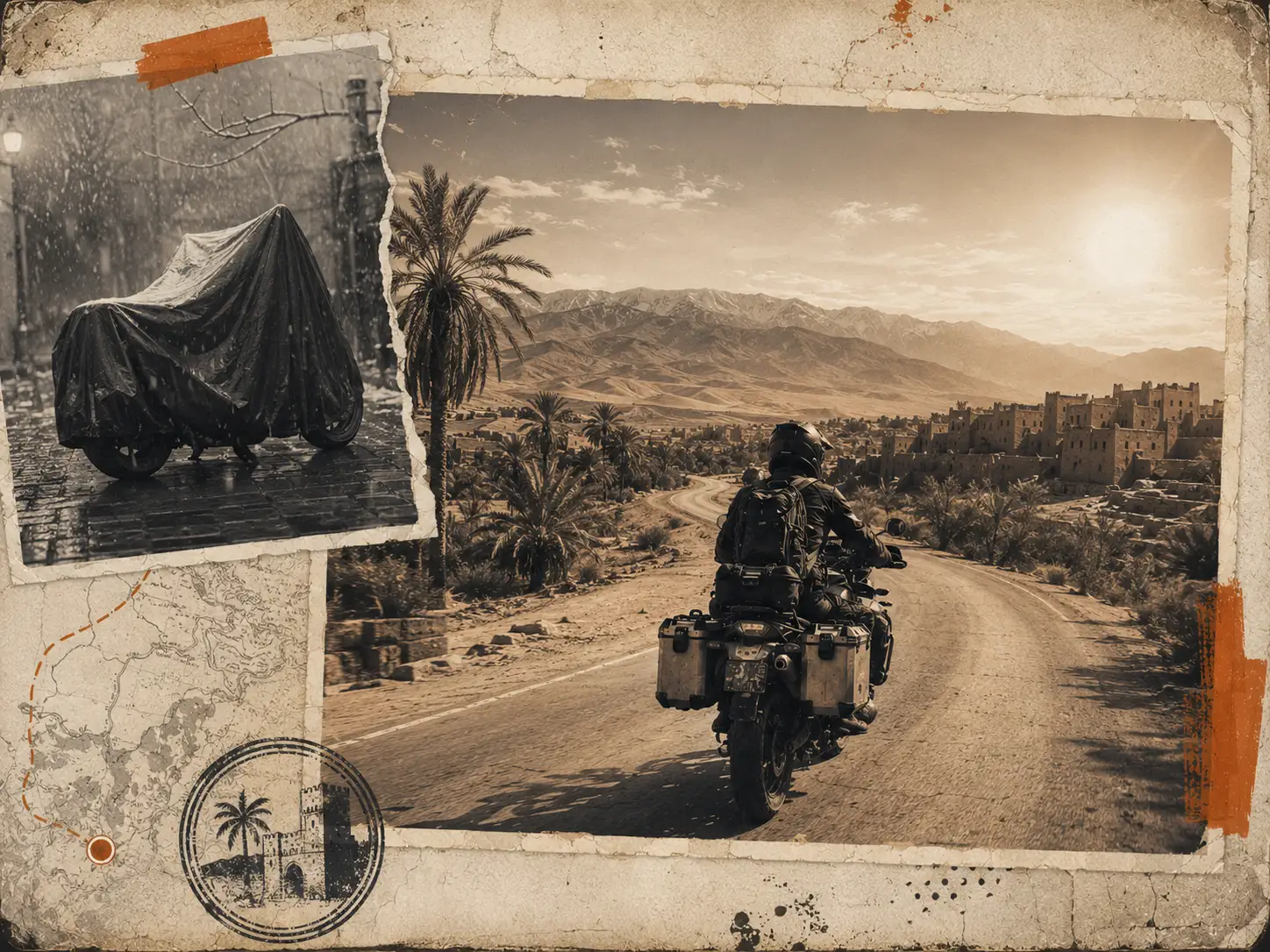 Contraste entre une moto sous la pluie en Europe et un motard roulant au soleil au Maroc, idéal pour louer une moto à Marrakech en hiver.