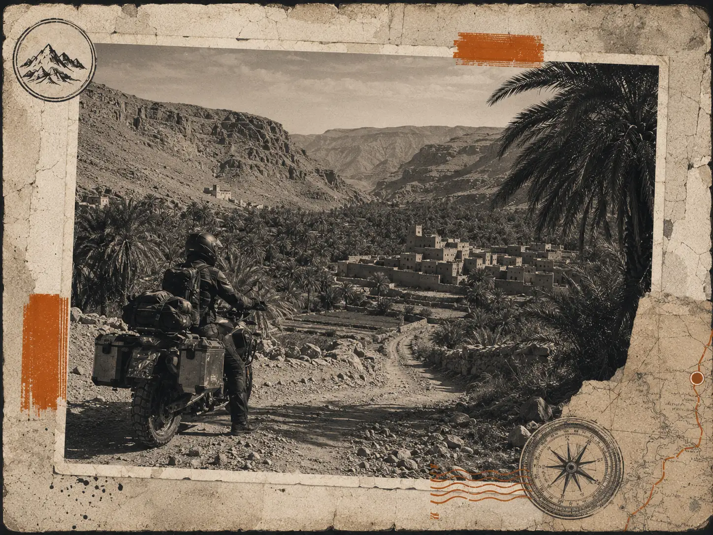 Motard observant une oasis et un village marocain depuis une piste, montrant comment la moto permet de découvrir un Maroc invisible en voiture.