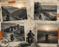 Montage vintage d’un road trip moto au Maroc avec routes de l’Atlas, oasis, kasbahs et désert, illustrant l’aventure moto depuis Marrakech avec Ride2Atlas.