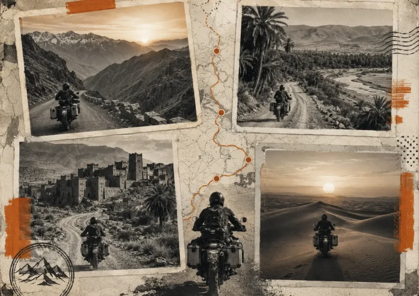 Montage vintage d’un road trip moto au Maroc avec routes de l’Atlas, oasis, kasbahs et désert, illustrant l’aventure moto depuis Marrakech avec Ride2Atlas.