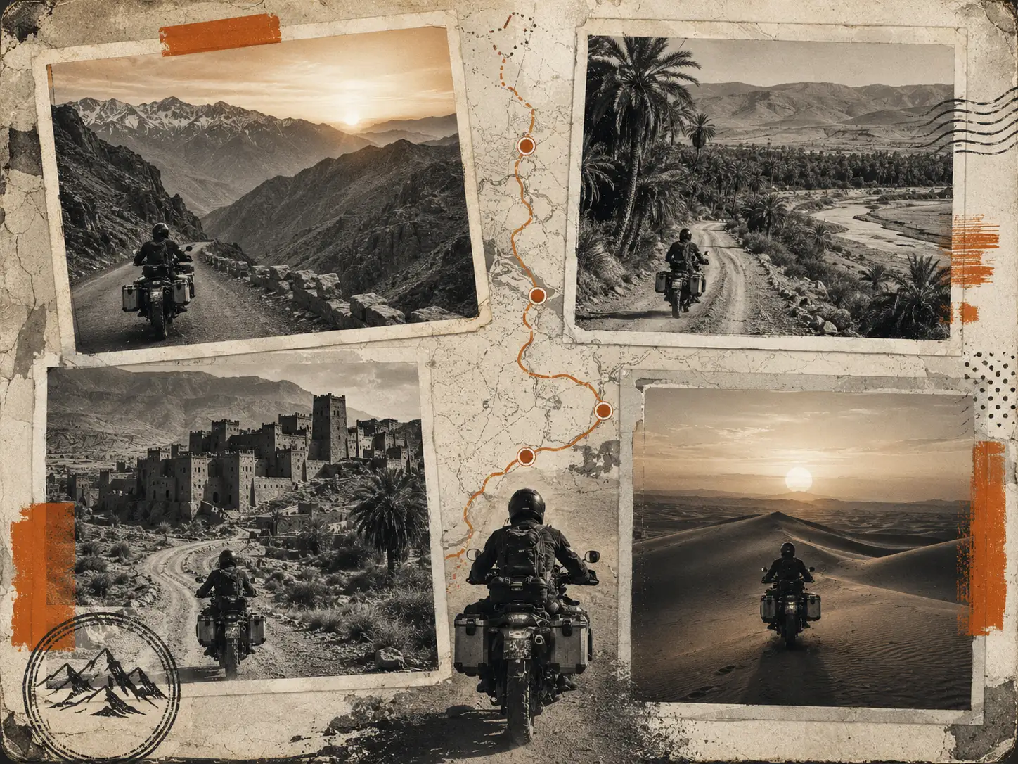 Montage vintage d’un road trip moto au Maroc avec routes de l’Atlas, oasis, kasbahs et désert, illustrant l’aventure moto depuis Marrakech avec Ride2Atlas.