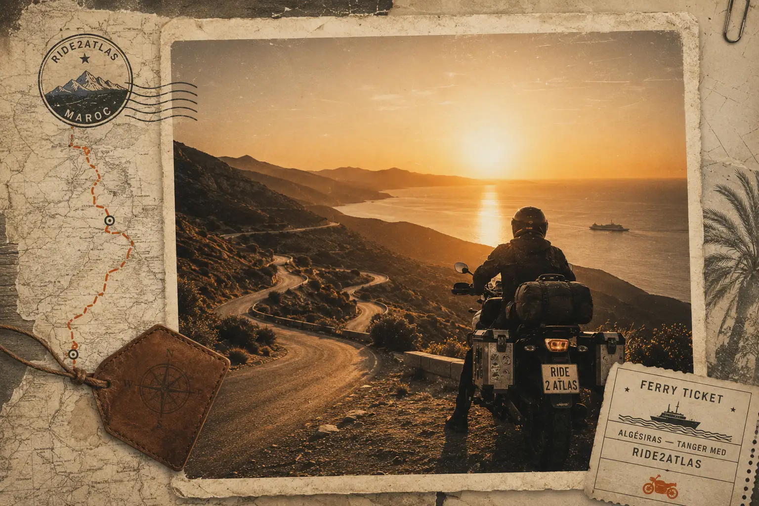 Motard face à une route côtière au coucher du soleil, avec billet de ferry Algésiras Tanger Med, illustrant l’accès facile au Maroc depuis l’Europe.