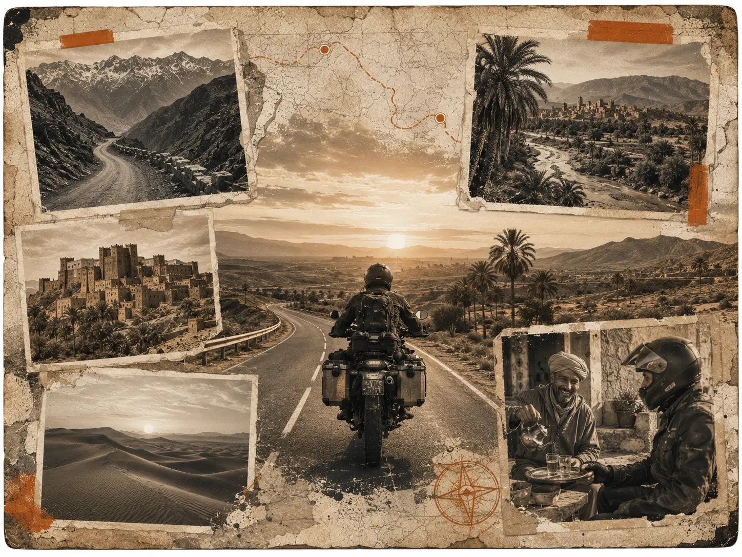 Collage vintage d’un road trip moto au Maroc avec Atlas, désert, kasbahs, oasis et rencontre locale, invitant à louer une moto à Marrakech avec Ride2Atlas.