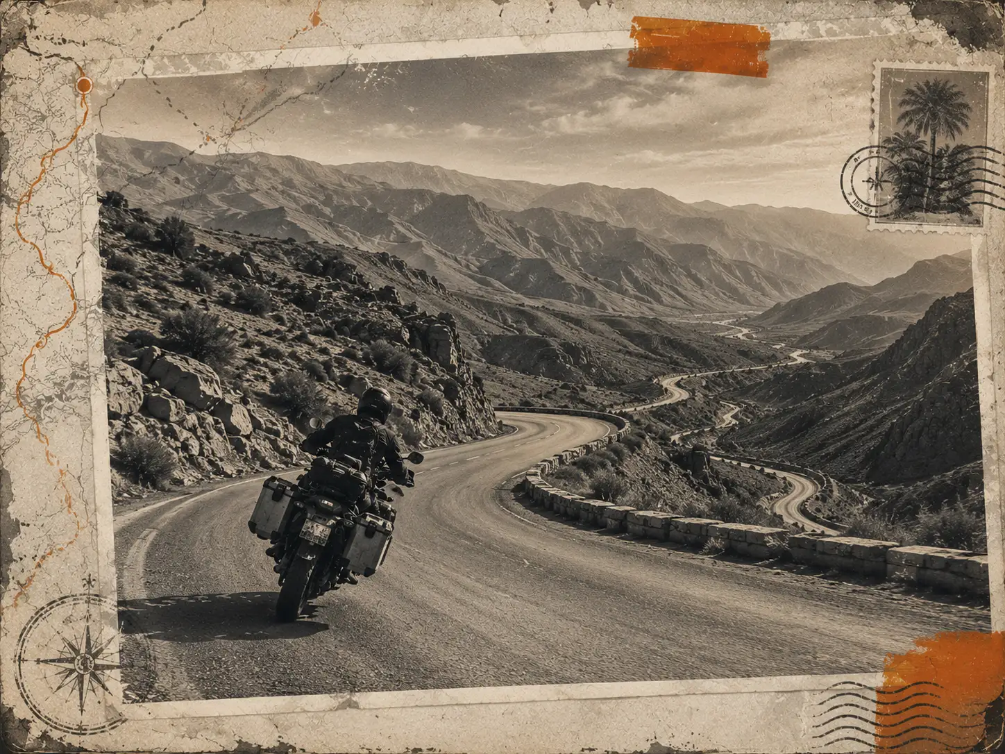 Motard en road trip sur une route sinueuse du Haut Atlas, symbole des itinéraires moto techniques entre Marrakech et le désert marocain.